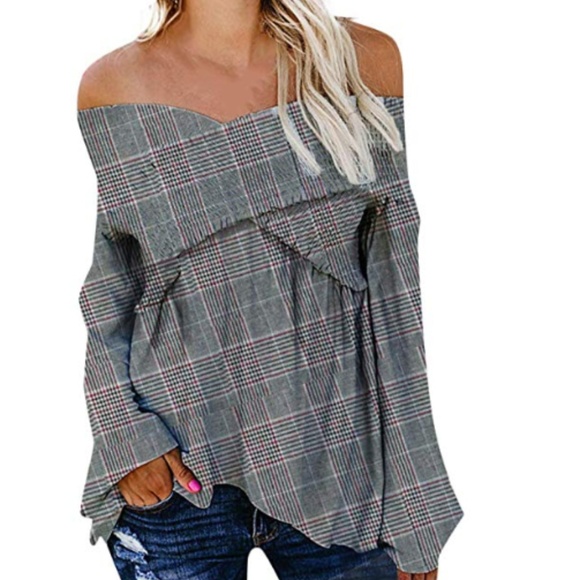 π€HPπ€ MELISSA Plaid Off Shoulder Blouse - Picture 2 of 8